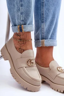 Outlet Laura Messi Damskie Półbuty Skórzane Z Ozdobą Beżowe Rosefalls Beżowy