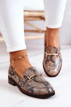 Online Damskie Półbuty Wężowe 2307 Beżowo-Czarne Damskie Półbuty Skórzane|Mokasyny Damskie Skórzane