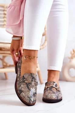 Online Damskie Półbuty Wężowe 2307 Beżowo-Czarne Damskie Półbuty Skórzane|Mokasyny Damskie Skórzane