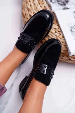 Clearance Boto Damskie Półbuty Wsuwane Lakierowane Czarne Delicious