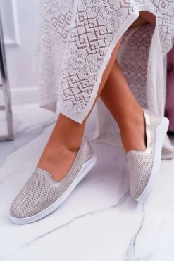 Damskie buty S.Barski Damskie Półbuty Wsuwane Skórzane Lordsy Złote Lordi