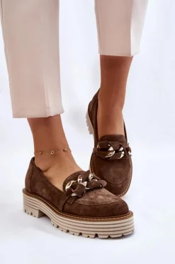 Sale Damskie Półbuty Zamszowe 2523 Brązowe Damskie Półbuty Skórzane|Mokasyny Damskie Zamszowe