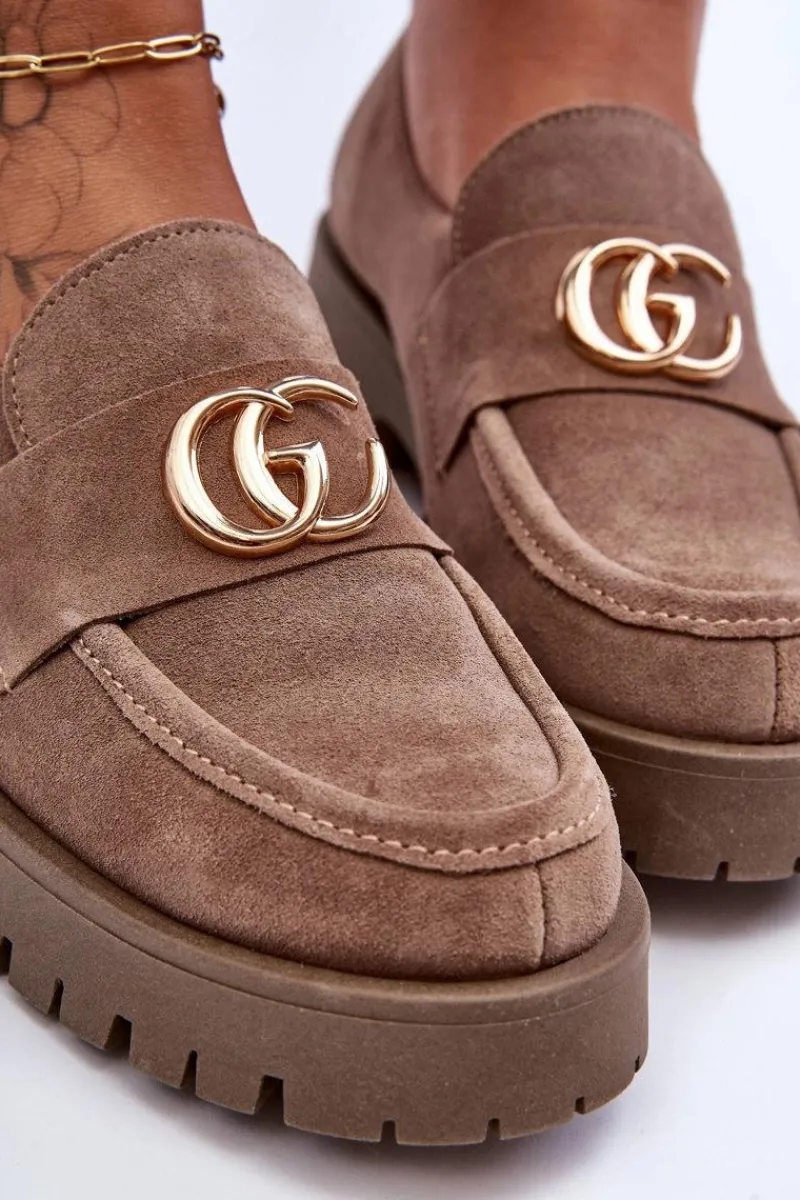 Sale Laura Messi Damskie Półbuty Zamszowe Z Ozdobą Ciemnobeżowe Rosefalls Beżowy