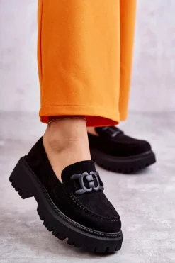 Boto Damskie Półbuty Zamszowe Z Ozdobą Czarne Leeza