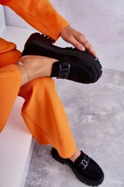 Boto Damskie Półbuty Zamszowe Z Ozdobą Czarne Leeza