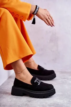 Boto Damskie Półbuty Zamszowe Z Ozdobą Czarne Leeza