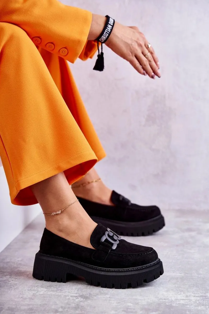 Boto Damskie Półbuty Zamszowe Z Ozdobą Czarne Leeza