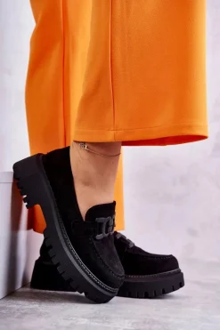 Boto Damskie Półbuty Zamszowe Z Ozdobą Czarne Leeza