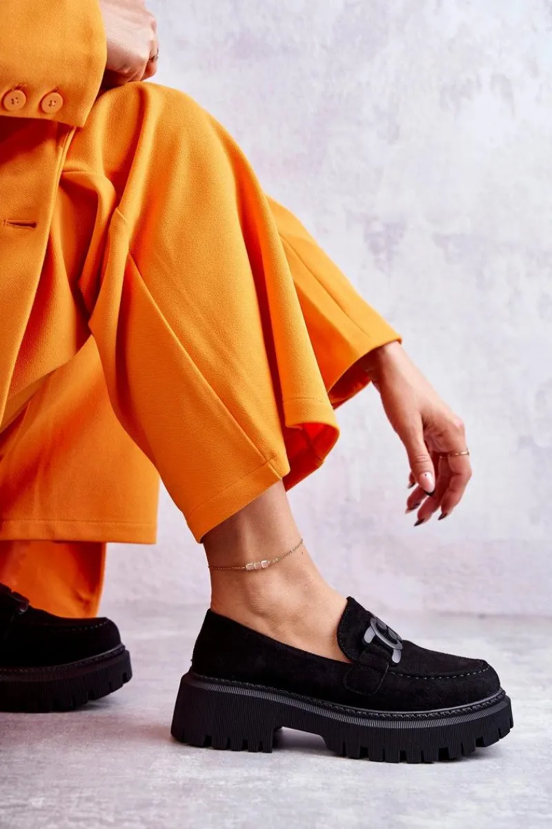 Boto Damskie Półbuty Zamszowe Z Ozdobą Czarne Leeza