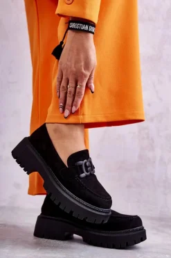 Boto Damskie Półbuty Zamszowe Z Ozdobą Czarne Leeza