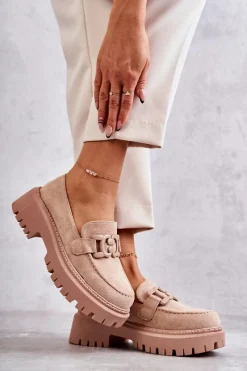 Online Boto Damskie Półbuty Zamszowe Z Ozdobą Beżowe Leeza