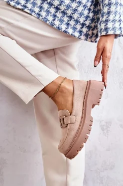 Online Boto Damskie Półbuty Zamszowe Z Ozdobą Beżowe Leeza