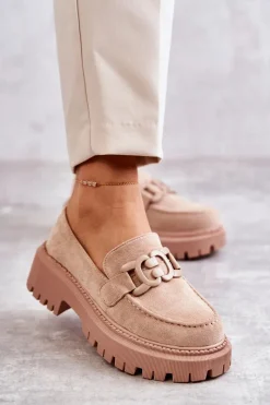 Online Boto Damskie Półbuty Zamszowe Z Ozdobą Beżowe Leeza