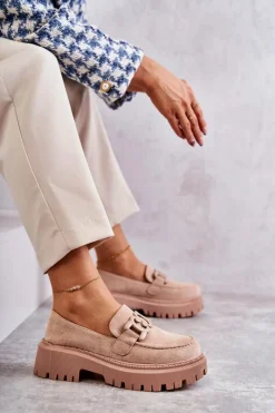 Online Boto Damskie Półbuty Zamszowe Z Ozdobą Beżowe Leeza