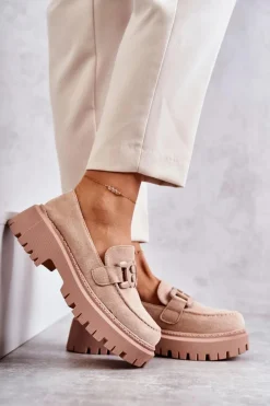 Online Boto Damskie Półbuty Zamszowe Z Ozdobą Beżowe Leeza