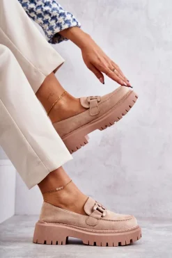 Online Boto Damskie Półbuty Zamszowe Z Ozdobą Beżowe Leeza