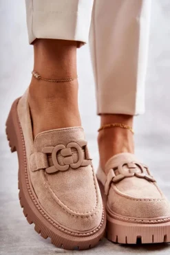 Online Boto Damskie Półbuty Zamszowe Z Ozdobą Beżowe Leeza