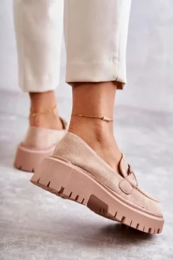 Online Boto Damskie Półbuty Zamszowe Z Ozdobą Beżowe Leeza