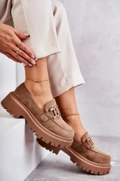 Sale Boto Damskie Półbuty Zamszowe Z Ozdobą Ciemnobeżowe Leeza