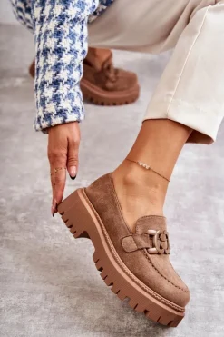 Sale Boto Damskie Półbuty Zamszowe Z Ozdobą Ciemnobeżowe Leeza