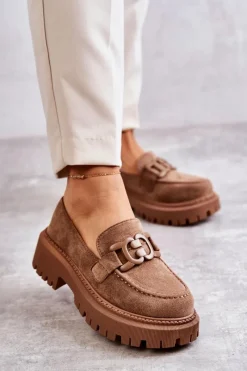 Sale Boto Damskie Półbuty Zamszowe Z Ozdobą Ciemnobeżowe Leeza