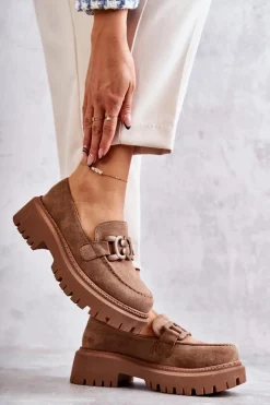 Sale Boto Damskie Półbuty Zamszowe Z Ozdobą Ciemnobeżowe Leeza