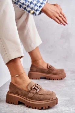 Sale Boto Damskie Półbuty Zamszowe Z Ozdobą Ciemnobeżowe Leeza