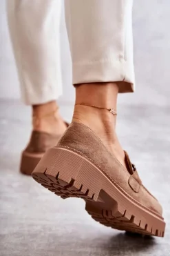 Sale Boto Damskie Półbuty Zamszowe Z Ozdobą Ciemnobeżowe Leeza