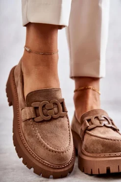 Sale Boto Damskie Półbuty Zamszowe Z Ozdobą Ciemnobeżowe Leeza