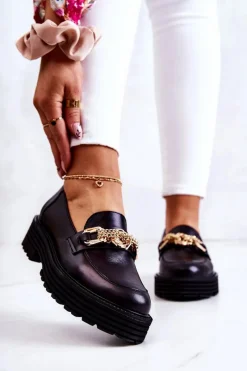 Półbuty Skórzane|Mokasyny Damskie Skórzane>Laura Messi Damskie Półbuty Złota Ozdoba Skórzane 2383 Czarne