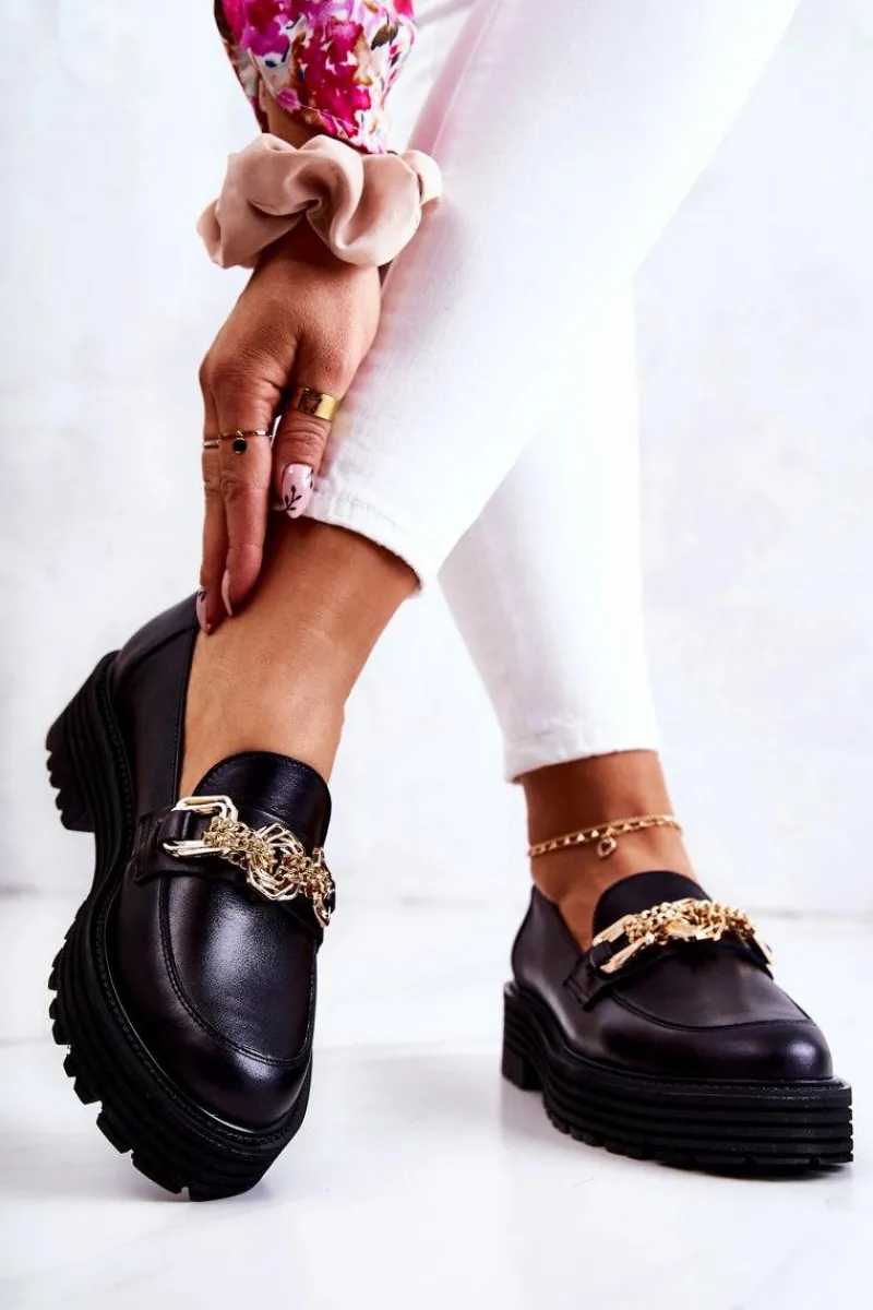 Półbuty Skórzane|Mokasyny Damskie Skórzane>Laura Messi Damskie Półbuty Złota Ozdoba Skórzane 2383 Czarne