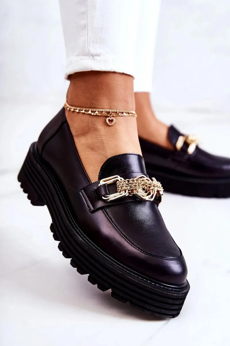 Półbuty Skórzane|Mokasyny Damskie Skórzane>Laura Messi Damskie Półbuty Złota Ozdoba Skórzane 2383 Czarne