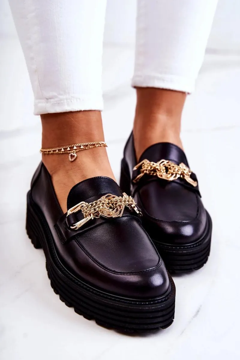 Półbuty Skórzane|Mokasyny Damskie Skórzane>Laura Messi Damskie Półbuty Złota Ozdoba Skórzane 2383 Czarne