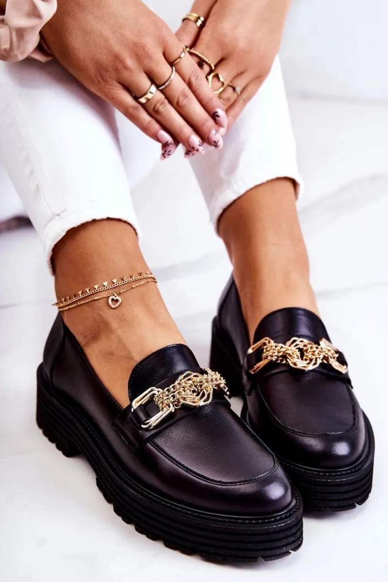 Półbuty Skórzane|Mokasyny Damskie Skórzane>Laura Messi Damskie Półbuty Złota Ozdoba Skórzane 2383 Czarne