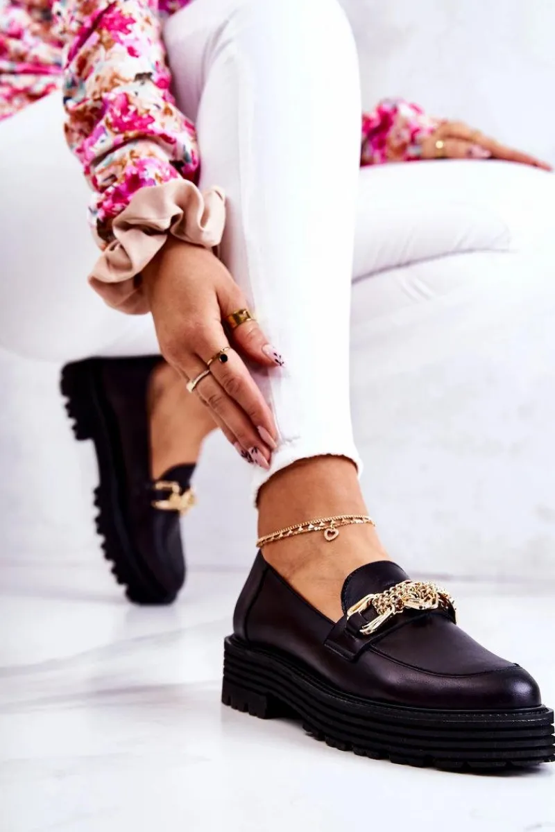 Półbuty Skórzane|Mokasyny Damskie Skórzane>Laura Messi Damskie Półbuty Złota Ozdoba Skórzane 2383 Czarne