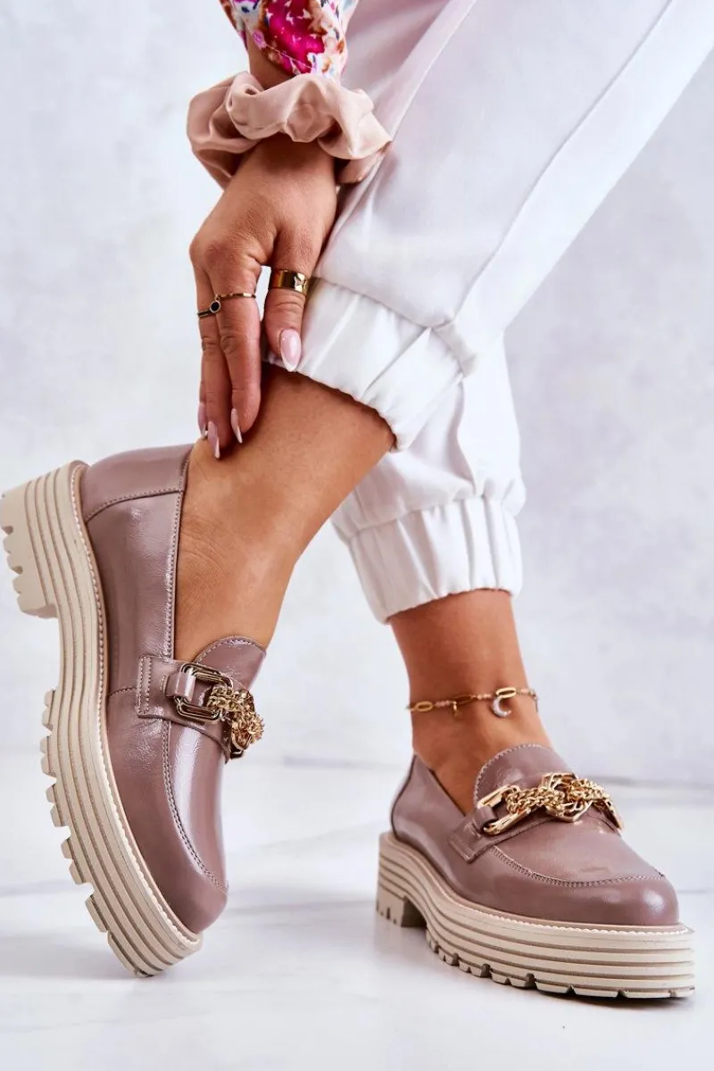 Półbuty Skórzane|Mokasyny Damskie Skórzane>Laura Messi Damskie Półbuty Złota Ozdoba Skórzane 2383 Ciemny Beż