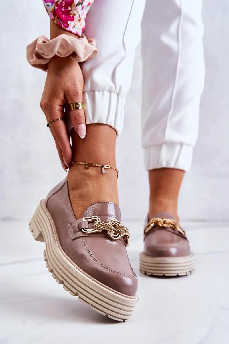 Półbuty Skórzane|Mokasyny Damskie Skórzane>Laura Messi Damskie Półbuty Złota Ozdoba Skórzane 2383 Ciemny Beż