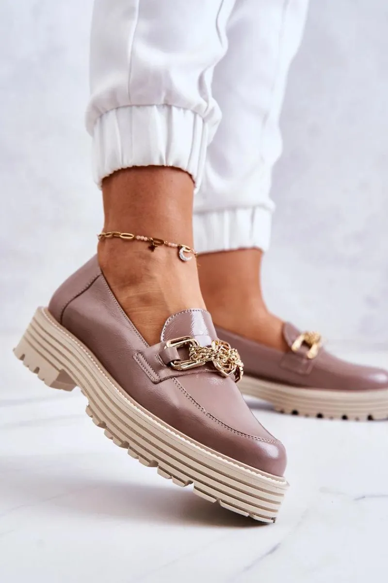 Półbuty Skórzane|Mokasyny Damskie Skórzane>Laura Messi Damskie Półbuty Złota Ozdoba Skórzane 2383 Ciemny Beż