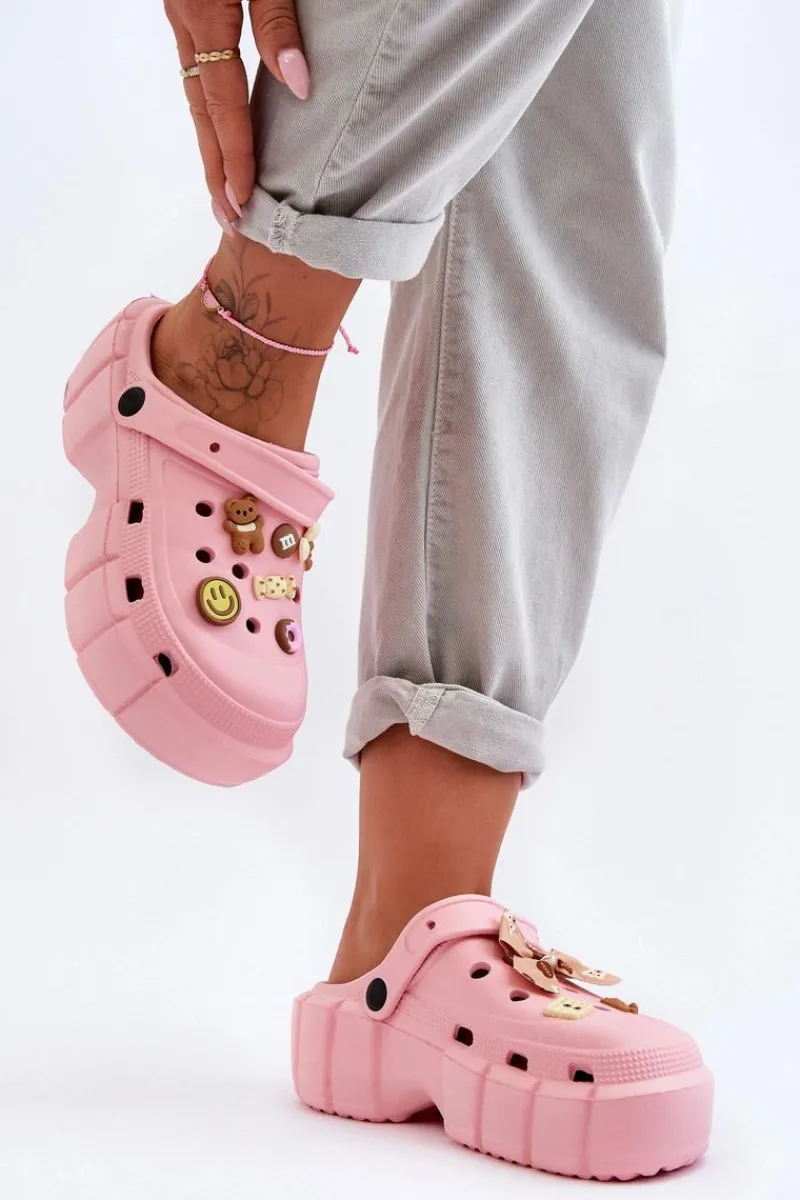 Outlet Damskie Piankowe Klapki Kroksy Z Ozdobami Różowe Marlett Damskie Klapki Basenowe|Klapki Na Platformie