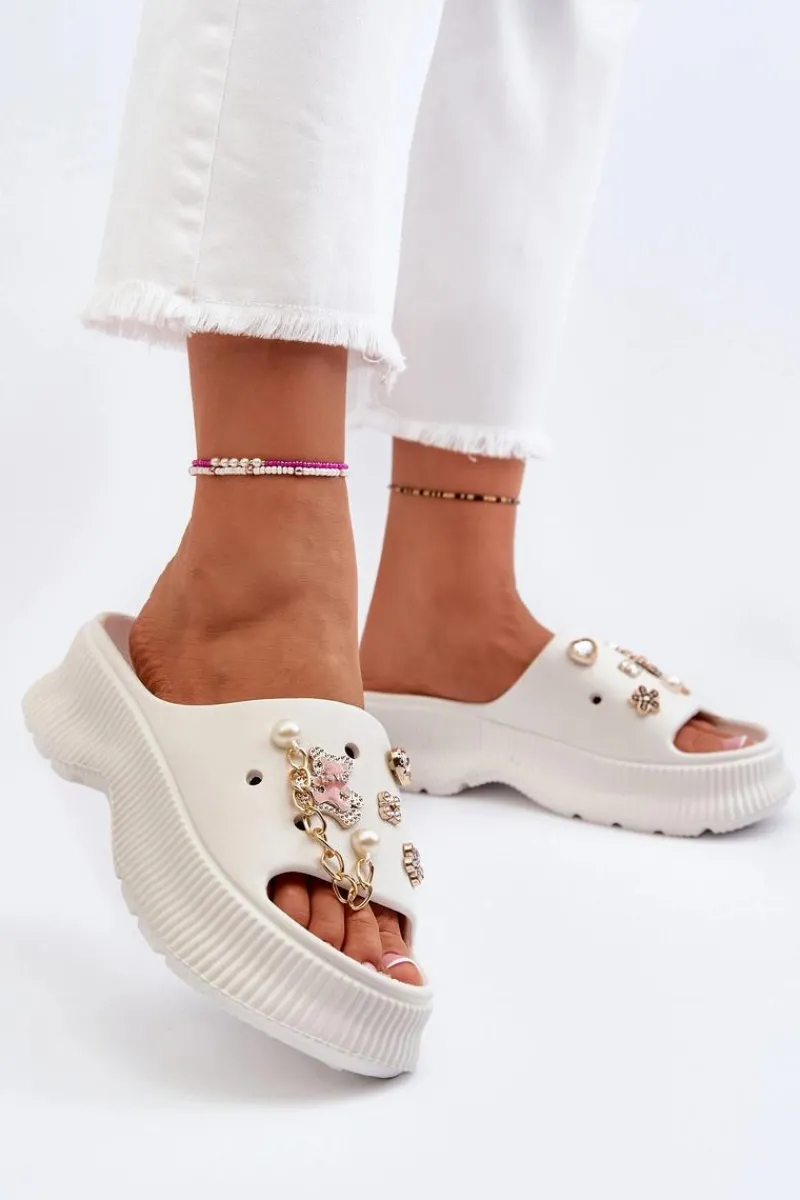 Damskie Piankowe Klapki Z Ozdobami Białe Afariana Damskie Klapki Na Platformie|Klapki Damskie Klasyczne