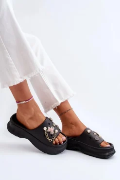 Hot Boto Damskie Piankowe Klapki Z Ozdobami Czarne Afariana