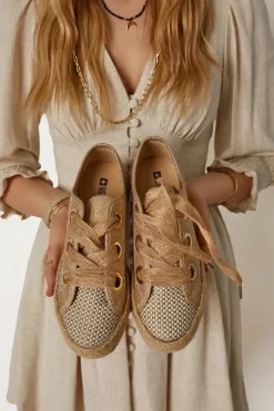 Trampki Damskie Big Star|Trampki Damskie Niskie>Big Star Shoes Damskie Plecione Tenisówki Big Star JJ274392 Beżowo-Złote