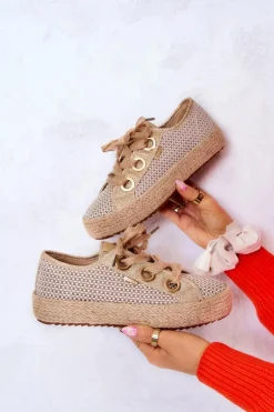 Trampki Damskie Big Star|Trampki Damskie Niskie></noscript>Big Star Shoes Damskie Plecione Tenisówki Big Star JJ274392 Beżowo-Złote