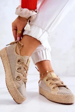 Trampki Damskie Big Star|Trampki Damskie Niskie></noscript>Big Star Shoes Damskie Plecione Tenisówki Big Star JJ274392 Beżowo-Złote