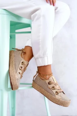 Trampki Damskie Big Star|Trampki Damskie Niskie></noscript>Big Star Shoes Damskie Plecione Tenisówki Big Star JJ274392 Beżowo-Złote