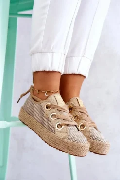 Trampki Damskie Big Star|Trampki Damskie Niskie></noscript>Big Star Shoes Damskie Plecione Tenisówki Big Star JJ274392 Beżowo-Złote