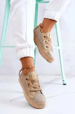 Trampki Damskie Big Star|Trampki Damskie Niskie></noscript>Big Star Shoes Damskie Plecione Tenisówki Big Star JJ274392 Beżowo-Złote