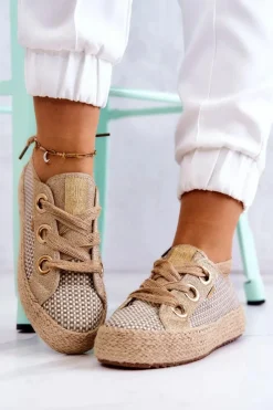 Trampki Damskie Big Star|Trampki Damskie Niskie></noscript>Big Star Shoes Damskie Plecione Tenisówki Big Star JJ274392 Beżowo-Złote