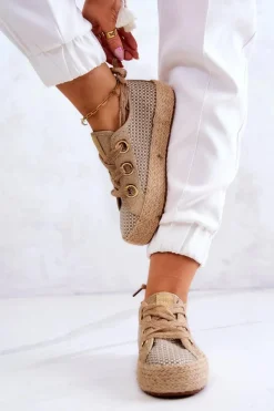 Trampki Damskie Big Star|Trampki Damskie Niskie></noscript>Big Star Shoes Damskie Plecione Tenisówki Big Star JJ274392 Beżowo-Złote