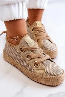 Trampki Damskie Big Star|Trampki Damskie Niskie></noscript>Big Star Shoes Damskie Plecione Tenisówki Big Star JJ274392 Beżowo-Złote